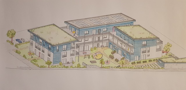 Geplantes Gebäude der geplanten Hausgemeinschaft WohnWerk mit integrierter Wohn-Pflege-Gemeinschaft im Erdgeschoss.
Bild: Architekturbüro Alte Windkunst, Herzogenraht 2020